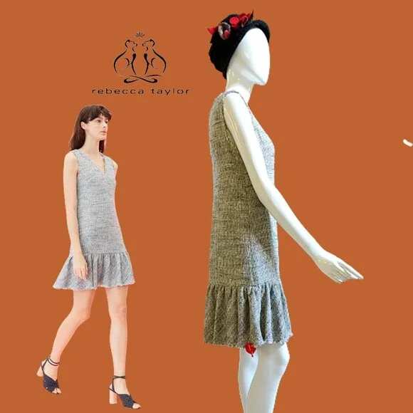 REBECCA TAYLOR NEW Preppy Tweed Ruffle Panel Sleeveless Shift Dress 6